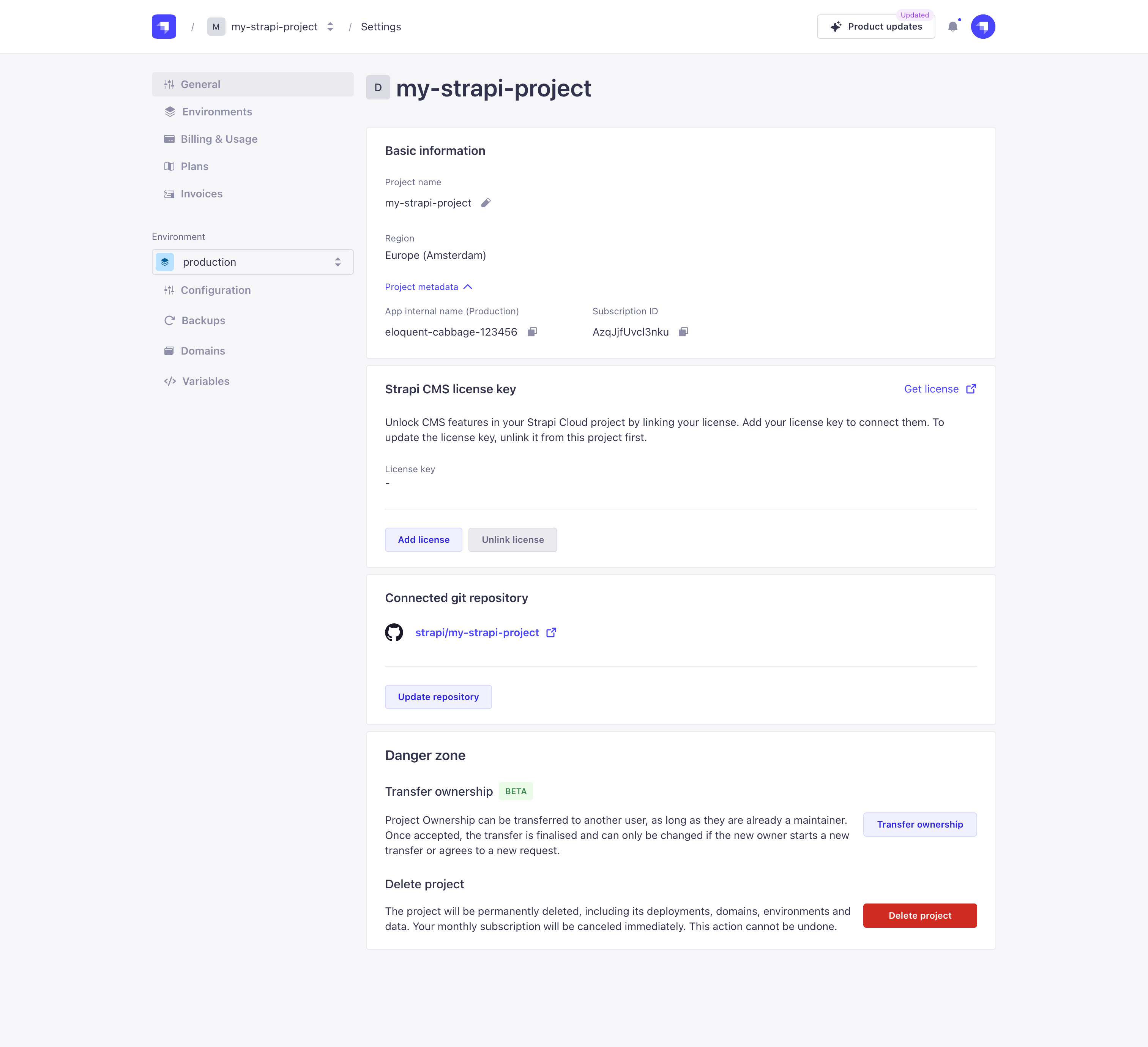 Project settings page
